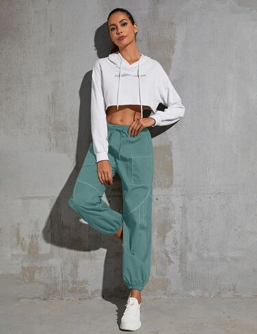 Women Baggy Cargo Pants Drawstring High Waist Hiking Pants Casual Cinch Bottom Y2k Jogger Trousers with Pockets in Saudi Arabia