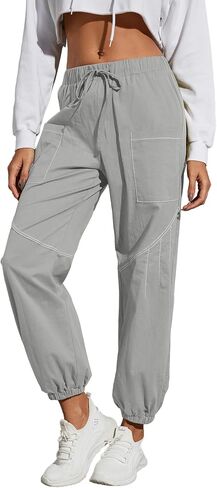 Women Baggy Cargo Pants Drawstring High Waist Hiking Pants Casual Cinch Bottom Y2k Jogger Trousers with Pockets in Saudi Arabia