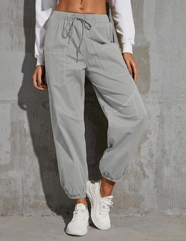 Women Baggy Cargo Pants Drawstring High Waist Hiking Pants Casual Cinch Bottom Y2k Jogger Trousers with Pockets in Saudi Arabia