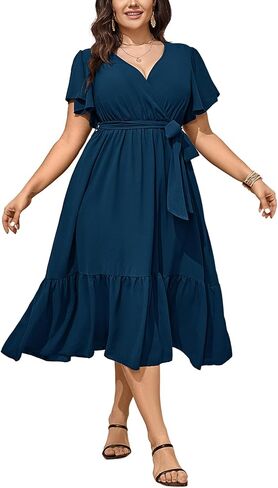 Womens Plus Size Wedding Guest Dresses Summer Wrap V Neck Short Sleeve Belted Ruffle Hem A-Line Flowy Maxi Dress in Kuwait