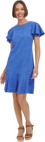 Tommy Hilfiger Women's Flutter Sleeve Round Neck Jacquard Flounce Hem Dress in Saudi Arabia