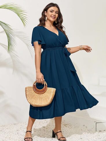 Womens Plus Size Wedding Guest Dresses Summer Wrap V Neck Short Sleeve Belted Ruffle Hem A-Line Flowy Maxi Dress in Kuwait