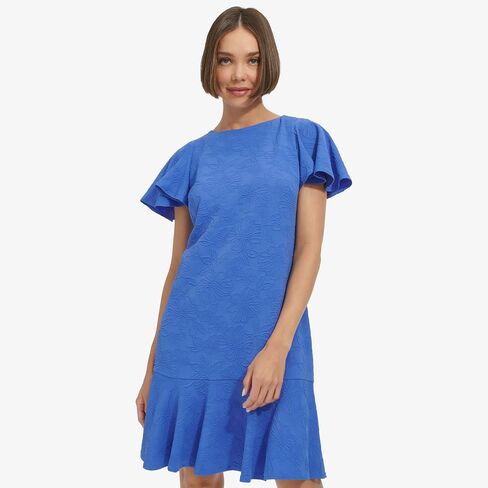 Tommy Hilfiger Women's Flutter Sleeve Round Neck Jacquard Flounce Hem Dress in Saudi Arabia