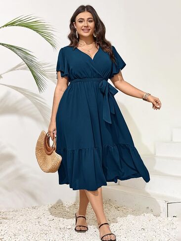 Womens Plus Size Wedding Guest Dresses Summer Wrap V Neck Short Sleeve Belted Ruffle Hem A-Line Flowy Maxi Dress in Kuwait