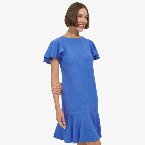 Tommy Hilfiger Women's Flutter Sleeve Round Neck Jacquard Flounce Hem Dress in Saudi Arabia