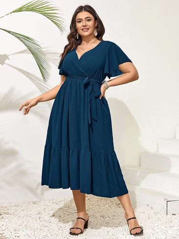 Womens Plus Size Wedding Guest Dresses Summer Wrap V Neck Short Sleeve Belted Ruffle Hem A-Line Flowy Maxi Dress in Kuwait