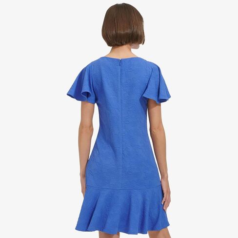 Tommy Hilfiger Women's Flutter Sleeve Round Neck Jacquard Flounce Hem Dress in Saudi Arabia