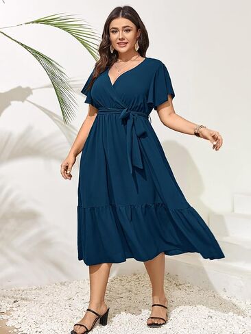 Womens Plus Size Wedding Guest Dresses Summer Wrap V Neck Short Sleeve Belted Ruffle Hem A-Line Flowy Maxi Dress in Kuwait