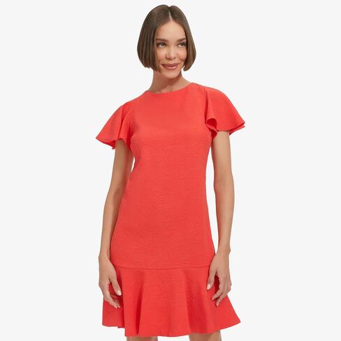 Tommy Hilfiger Women's Flutter Sleeve Round Neck Jacquard Flounce Hem Dress in Saudi Arabia