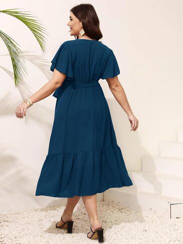 Womens Plus Size Wedding Guest Dresses Summer Wrap V Neck Short Sleeve Belted Ruffle Hem A-Line Flowy Maxi Dress in Kuwait