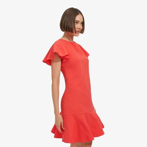 Tommy Hilfiger Women's Flutter Sleeve Round Neck Jacquard Flounce Hem Dress in Saudi Arabia