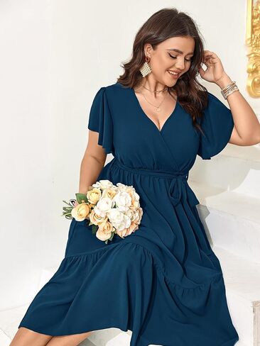 Womens Plus Size Wedding Guest Dresses Summer Wrap V Neck Short Sleeve Belted Ruffle Hem A-Line Flowy Maxi Dress in Kuwait