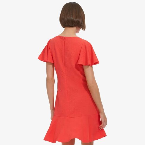 Tommy Hilfiger Women's Flutter Sleeve Round Neck Jacquard Flounce Hem Dress in Saudi Arabia