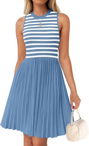 NENONA Womens Sleeveless Crew Neck Stripe Pleated Mini Dress Summer A Line Knit Tank Short Dresses in Saudi Arabia