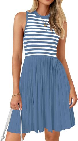 NENONA Womens Sleeveless Crew Neck Stripe Pleated Mini Dress Summer A Line Knit Tank Short Dresses in Saudi Arabia