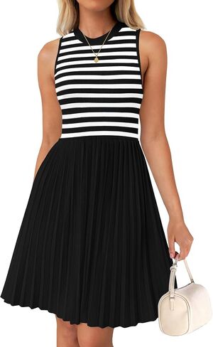 NENONA Womens Sleeveless Crew Neck Stripe Pleated Mini Dress Summer A Line Knit Tank Short Dresses in Saudi Arabia