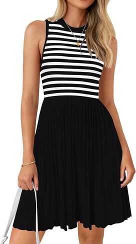 NENONA Womens Sleeveless Crew Neck Stripe Pleated Mini Dress Summer A Line Knit Tank Short Dresses in Saudi Arabia