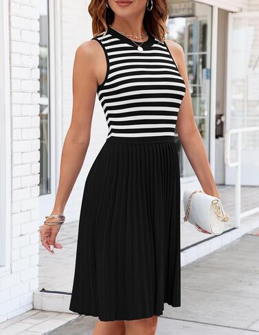 NENONA Womens Sleeveless Crew Neck Stripe Pleated Mini Dress Summer A Line Knit Tank Short Dresses in Saudi Arabia