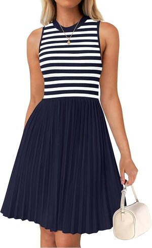 NENONA Womens Sleeveless Crew Neck Stripe Pleated Mini Dress Summer A Line Knit Tank Short Dresses in Saudi Arabia