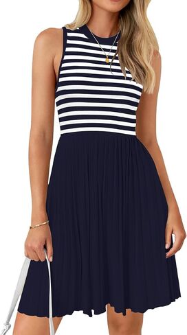 NENONA Womens Sleeveless Crew Neck Stripe Pleated Mini Dress Summer A Line Knit Tank Short Dresses in Saudi Arabia