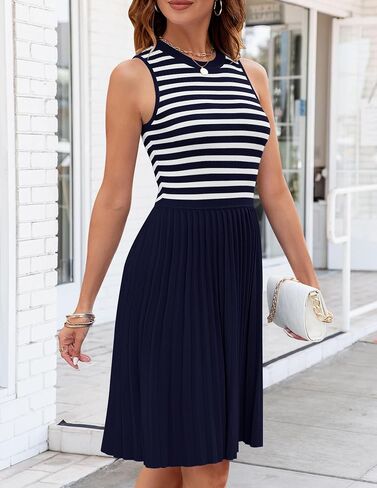 NENONA Womens Sleeveless Crew Neck Stripe Pleated Mini Dress Summer A Line Knit Tank Short Dresses in Saudi Arabia
