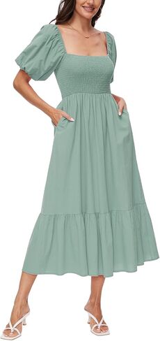 Square Neck Dress for Women 2024 Summer Smocked Midi Dress Cotton Off Shoulder Short Puff Sleeve with Pockets in Saudi Arabia
