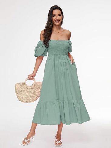 Square Neck Dress for Women 2024 Summer Smocked Midi Dress Cotton Off Shoulder Short Puff Sleeve with Pockets in Saudi Arabia