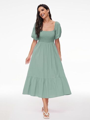 Square Neck Dress for Women 2024 Summer Smocked Midi Dress Cotton Off Shoulder Short Puff Sleeve with Pockets in Saudi Arabia