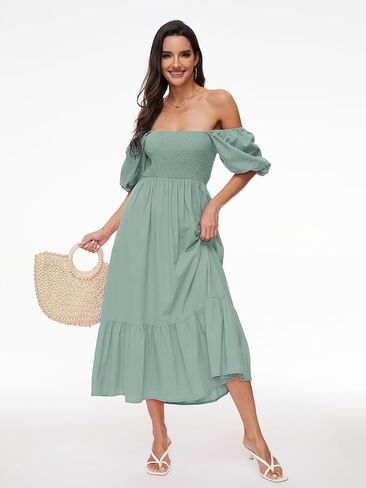 Square Neck Dress for Women 2024 Summer Smocked Midi Dress Cotton Off Shoulder Short Puff Sleeve with Pockets in Saudi Arabia