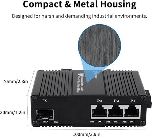 Mini Industrial 2 Ports Gigabit Switch, Unmanaged Ethernet Switch, 1x Port RJ45 10/100/1000Mbps with 1 Gigabit SFP Slot, IP40 Rated Network Switch, Plug & Play, Metal Case, Desktop Wall-Mount in Saudi Arabia