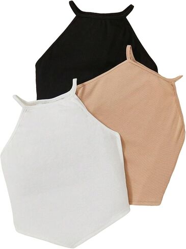 Milumia Girl's 3 Pack Ribbed Knit Sleeveless Halter Top Hanky Hem Crop Cami Tops Set in Saudi Arabia