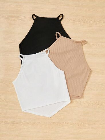 Milumia Girl's 3 Pack Ribbed Knit Sleeveless Halter Top Hanky Hem Crop Cami Tops Set in Saudi Arabia