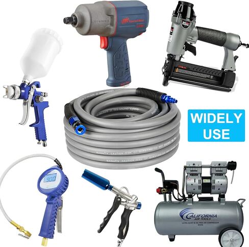 خرطوم هواء هجين 3/8 بوصة. × 3 أقدام، خرطوم ضاغط هواء خفيف الوزن ومرن ومتين مع قارنة توصيل سريعة عالمية من الألومنيوم ومقبس صناعي، رمادي in Kuwait