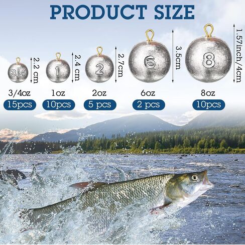 42 Pcs Fishing Weights Sinkers Cannonball Sinker Bass Fishing Casting for Saltwater in 3/4oz, 1oz, 2oz, 6oz, 8oz, 5 Size in Kuwait