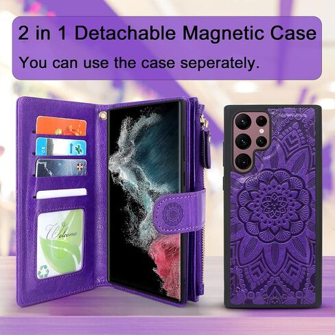حافظة جلدية بسحاب مغناطيسي قابل للفصل من هاريشيل مع جيب للعملات المعدنية و12 فتحة للبطاقات وحزام معصم لهاتف سامسونج جالاكسي S22 الترا (2022) زهرة (بنفسجي) in Kuwait