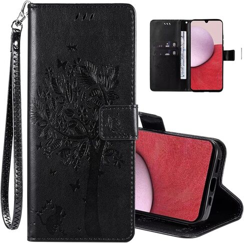 for Galaxy A15 5G Phone Case Wallet,Women Flip Folio Cover with Credit Card Holders Embossed Tree Cat Flower PU Leather Kickstand Wrist Strap Purse Pocket Case for Samsung Galaxy A15 5G Black in Saudi Arabia