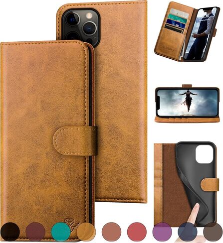 for iPhone 12/12 Pro 6.1" Genuine Leather Wallet case 【RFID Blocking】【4 Credit Card Holder】【Real Leather】 Flip Folio Book Phone case Protective Cover Women Men for Apple 12 case Black in Kuwait