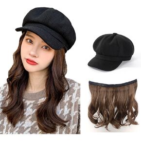 Fall/Winter Beanie for Women,Hat with Hair Attached Wig,Woolly Beret Baseball Cap