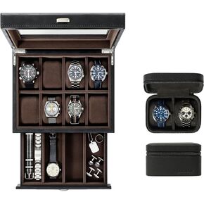 TAWBURY GIFT SET | Bayswater 8 Slot Watch Box with Drawer (Black) and Fraser 2 Watch Travel Case (Black)