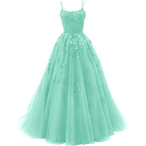 petyoo Tulle Lace Appliques Prom Dresses Long Ball Gown for Women Spaghetti Straps Corset Backless Evening Dress