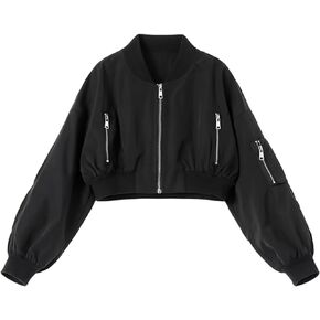 WELAKEN Lightweight Multiple Pockets Zip Up Bomber Jacket for Girls Toddler & Kids II Little Girl's Casual Flight Crop Jacket