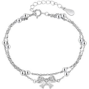 CZ Bow Knot Ball Beaded Chain Bracelet for Women Girls Silver Plated Crystal Hand Charms Link Stackable Bracelets Adjustable Trendy Lucky Wedding Birthday Christmas Jewelry Dainty Gift
