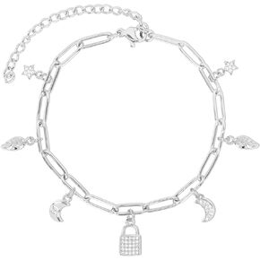 MEPLUS FASHION Stainless Steel Adjustable Link Chain Cubic Zirconia Multi Charm Bracelets for Women Teen Girls