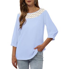 Sanifer Women's 3/4 Sleeve Tops 2024 Summer Chiffon Blouses Lace Neck Tshirts Loose Casual Flowy Dressy Tops for Leggings