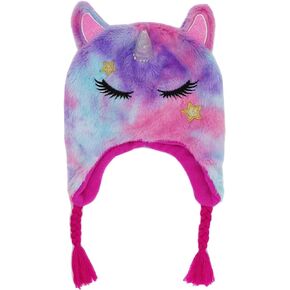 Kids Little Girls Unicorn Beanie Winter Hat Rainbow Faux Fur Plush Fleece Lined Earflap Cap