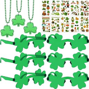 UPINS 115pcs St. Patrick's Day Accessory Party Favors Green Shamrock Glasses Shamrock Necklace Temporary Tattoo Set for Irish St. Patrick's Day Party Props Decoration Supplies