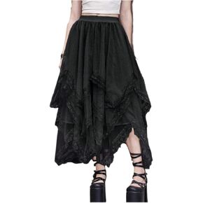 SHENHE Women's Lace Trim Layered Mesh Tulle Skirt High Waist Asymmetrical Long Goth Skirt