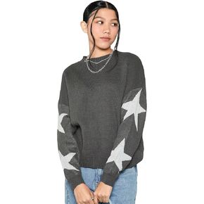 WDIRARA Girl's Star Pattern Round Neck Long Sleeve Sweater Ribbed Knit Pullovers