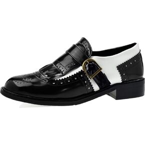 PIVAPAM Black and White Oxfords for Women Tassel Patent Leather Chunky Low Heels Slip On Footwear Pumps Shoes Two Tone Oxford Shoes