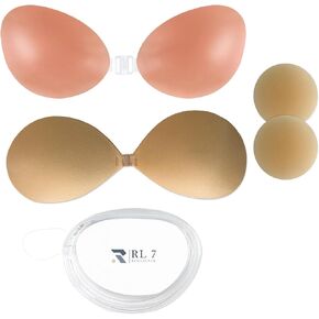 RL7 Adhesive Bra Strapless Invisible Push up Silicone Sticky Bras for Backless Dress with Nipple Covers